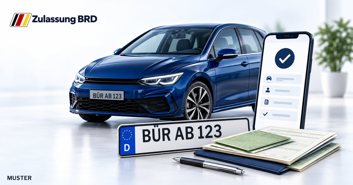 Online Fahrzeugzulassung in Büren: Musterkennzeichen BÜR AB 123, Auto und Fahrzeugpapiere und Smartphone. Illustration mit Logo von Zulassung BRD.